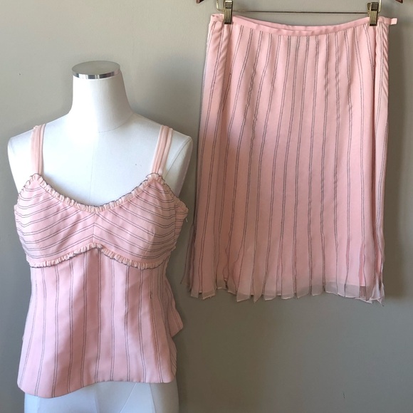Vintage Liz Elana Pastel Pink & Black pinstripe silk 2 pc...
